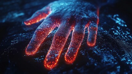 Fototapete - Futuristic Hand with Glowing Particles and Digital Background