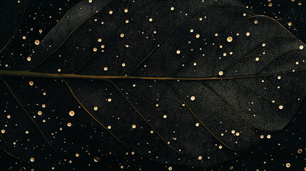 Wall Mural - Celestial Leaf: Dark leaf with golden dewdrops. A close-up shot of a dark leaf speckled with glistening golden dewdrops, resembling a night sky with stars.