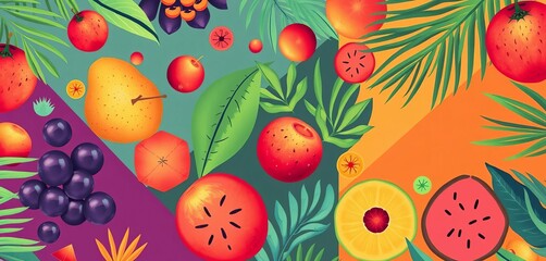 Poster - abstract tropical fruit pattern with geometric shapes and palm leaves, repeat, line