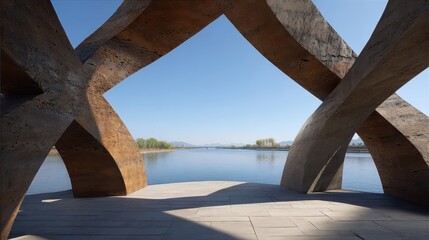 Wall Mural - rustic architectural structure framing a serene lake vista.