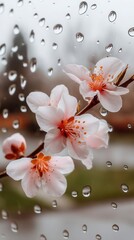 Wall Mural - delicate spring blossoms viewed through raindrops on glass.
