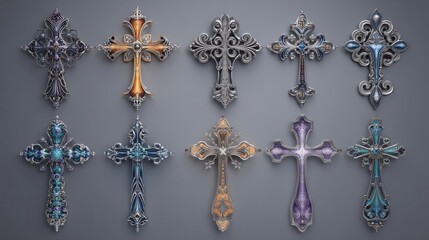 Poster - Ornate religious crosses in various metallic tones displayed on a neutral backdrop.