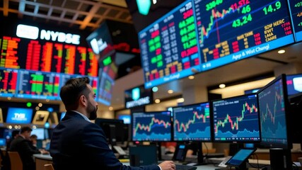 Poster - A financial trader monitors multiple screens displaying stock market data and charts on a busy trading floor.