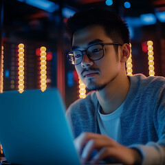 Fototapete - Young Man Working Intently on Laptop in Tech Environment During Evening Hours