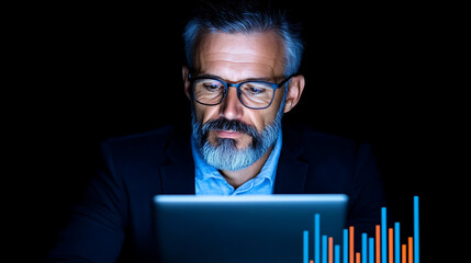 Poster - Man With Glasses Uses Tablet in Dark Setting While Analyzing Data With Blue and Orange Bars in the Foreground