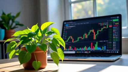 Poster - A green potted plant sits on a desk beside a laptop displaying colorful stock market charts in natural light.
