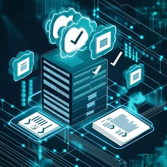 cloud server with digital document icons and a checkmark for compliance in business law