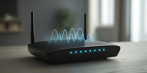 Poster - Modern Wireless Router with Digital Signal Waves Displaying Connectivity Symbol and Emitting Light in a Minimalist Indoor Setting