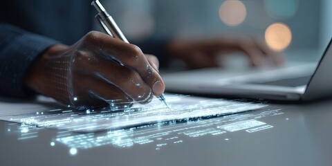 Poster - Close-Up of a Person Signing Registration Document on Laptop with Digital Stamp Concept for Online Business or Legal Process in Modern Office Setting