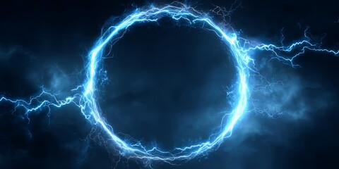 Poster - Vibrant Blue Electric Circle with Lightning Effect Creating a Stunning Visual Display on Dark Background for Backgrounds and Creative Projects