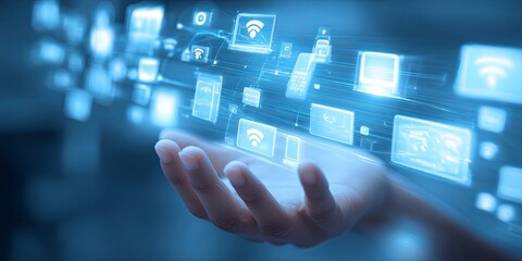 Poster - Futuristic Hand Holding Multiple Digital Devices and Icon Representations of Connectivity and Communication Technologies in a Vibrant Blue Background