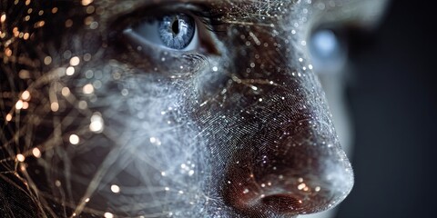 Poster - Futuristic Human Face Representation with Digital Nodes and Light Particles in a Modern Artistic Style for Technology and Innovation Themes