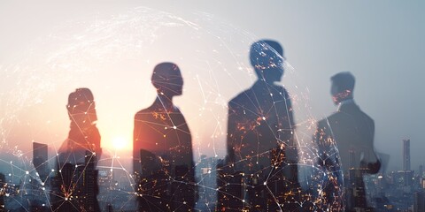 Fototapete - Business Professionals Silhouetted Against a Globe with Digital Connections at Sunrise Over a Cityscape, Representing Global Networking and Innovation