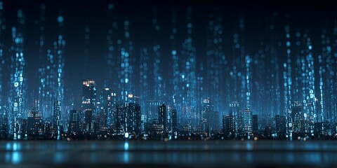 Poster - Nighttime cityscape illuminated with blue lights and digital binary code representing technology and data flow over urban landscape