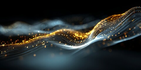 Poster - Stunning Abstract Visualization of Wave Patterns and Digital Particles in a Dark Background Representing Technology and Innovation Concepts