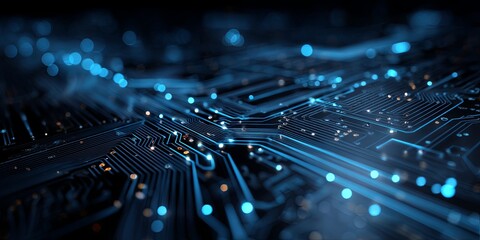 Fototapete - Abstract Technology Background with Glowing Circuits and Data Lines in a Blue Color Scheme for Digital and Futuristic Themes