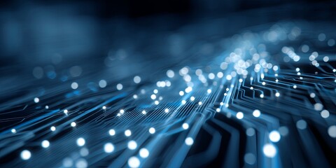 Fototapete - Abstract Technology Background with Glowing Circuits and Data Lines in a Blue Color Scheme for Digital and Futuristic Themes