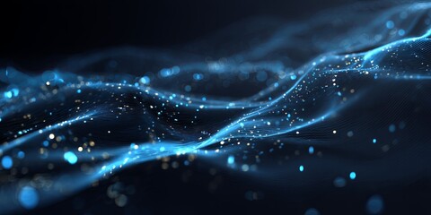Poster - Abstract Blue Digital Background with Glowing Particles and Wavy Lines Illuminating on Black Space for Technology and Science Themes