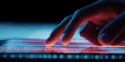 Poster - Close-Up of a Hand Tapping a Smartphone Screen in a Neon-lit Environment Emphasizing Modern Technology and Digital Interaction