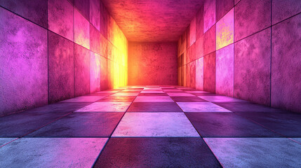 Poster - a vibrant 4k 3d background features a checkered hallway with realistic lighting and a side angle vie