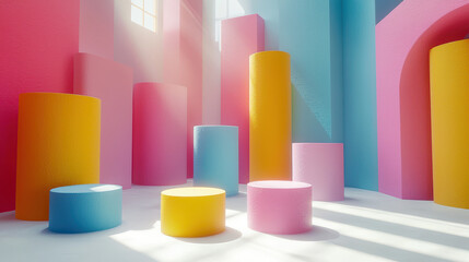 Poster - a vibrant 3d spatial background featu an abstract scene with pink, yellow, and blue geometric shapes