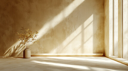 Poster - sunlight streams across the room in this aesthetic interior, the 3d spatial design creating a serene