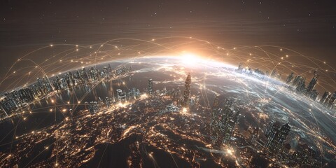 Aufkleber - Digital world concept showing glowing planet earth and city skyline with interconnected network lines and data streams representing technology and innovation