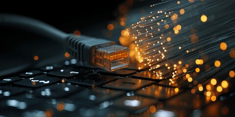 Poster - Close-Up of Ethernet Cable Connected to Laptop Keyboard with Sparkling Fiber Optic Lights in Dark Environment