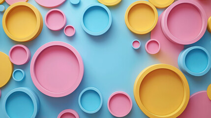 Poster - playful 3d background featu realistic vibrant pink, yellow, and blue circles arranged at a side angl