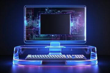 Poster - Neon line art outline of a computer against a minimalist background for modern aesthetic appeal