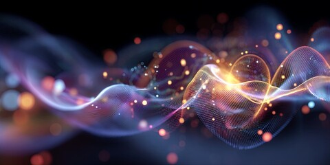 Poster - Abstract representation of atomic structure with colorful wave patterns and soft glowing effects on a dark background for scientific or educational themes