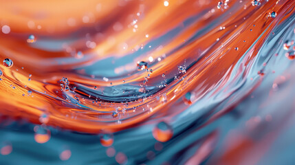 Poster - A modern 3D rende shows realistic 4K resolution flowing orange and blue abstract art with water droplets from a side angle, created by generative AI.