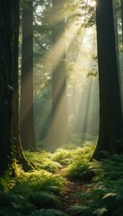 Poster - Sunlight streaming through a serene forest with ferns and a path