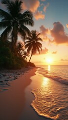 Poster - Sunset Reflections on Tropical Beach with Palm Trees and Gentle Waves