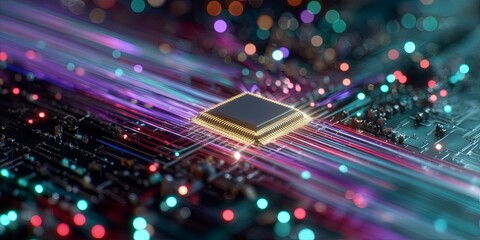 Poster - Vibrant Abstract Representation of Artificial Intelligence Chip Surrounded by Colorful Light Trails and Digital Effects
