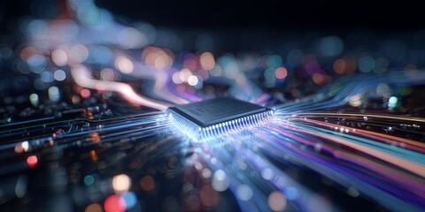 Poster - Vibrant Abstract Representation of Artificial Intelligence Chip Surrounded by Colorful Light Trails and Digital Effects
