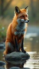 Poster - Fox perched on rock in shallow water, nature photography, detailed fur texture, serene wildlife scene