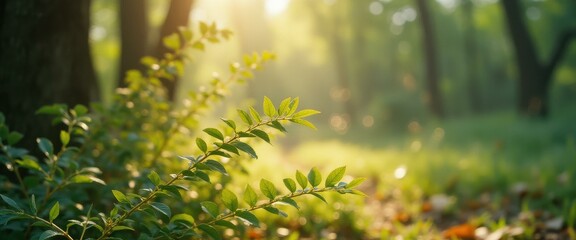 Poster - Sunlit branch with green leaves in a serene forest setting with a bokeh effect creating a sense of peaceful nature