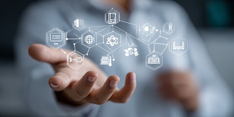 Fototapete - Hands of a Professional Engaged in Online Learning and Digital Education with Icons Representing Knowledge, Skills, and Technology Interaction