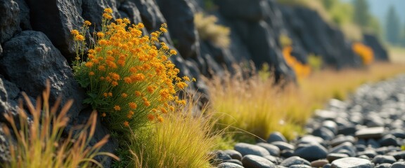 Aufkleber - Bright orange flowers bloom on a black rockface, framed by golden grasses and a winding cobblestone path.