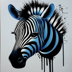 Poster - Striking Zebra Portrait with Artistic Black Splatter Effect and Bold Black and Blue Stripes on White