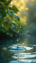 Aufkleber - Water droplet falling into water surface creating ripples with branch and leaves background