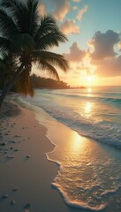 Poster - Tropical Beach Paradise at Sunset with Palm Trees and Golden Light on Gentle Waves