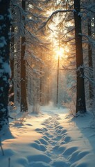 Poster - Snowy Path through a Winter Forest at Sunset: Serene Landscape with Sunbeams and Footprints in Snow