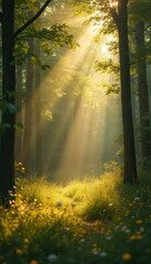 Poster - Sunbeams pierce the morning mist in a serene forest glade, illuminating a path through wildflowers and lush foliage.