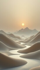 Poster - Surreal Desert Landscape with River and Mountains at Sunset