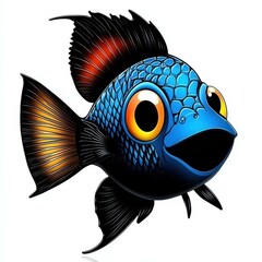 Poster - Cheerful Cartoon Fish with Bright Colors and Detailed Scale Texture Swimming in Clear Water