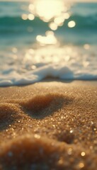 Leinwandbilder - Golden sandy beach and turquoise ocean water meet during the bright sunrise, creating a beautiful bokeh effect in the background
