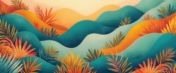 Aufkleber - Colorful abstract landscape with layered hills and tropical foliage in a vibrant, stylized composition
