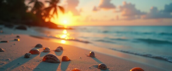 Poster - Sunset on a tropical beach with shells in the foreground, creating a serene and inviting atmosphere.